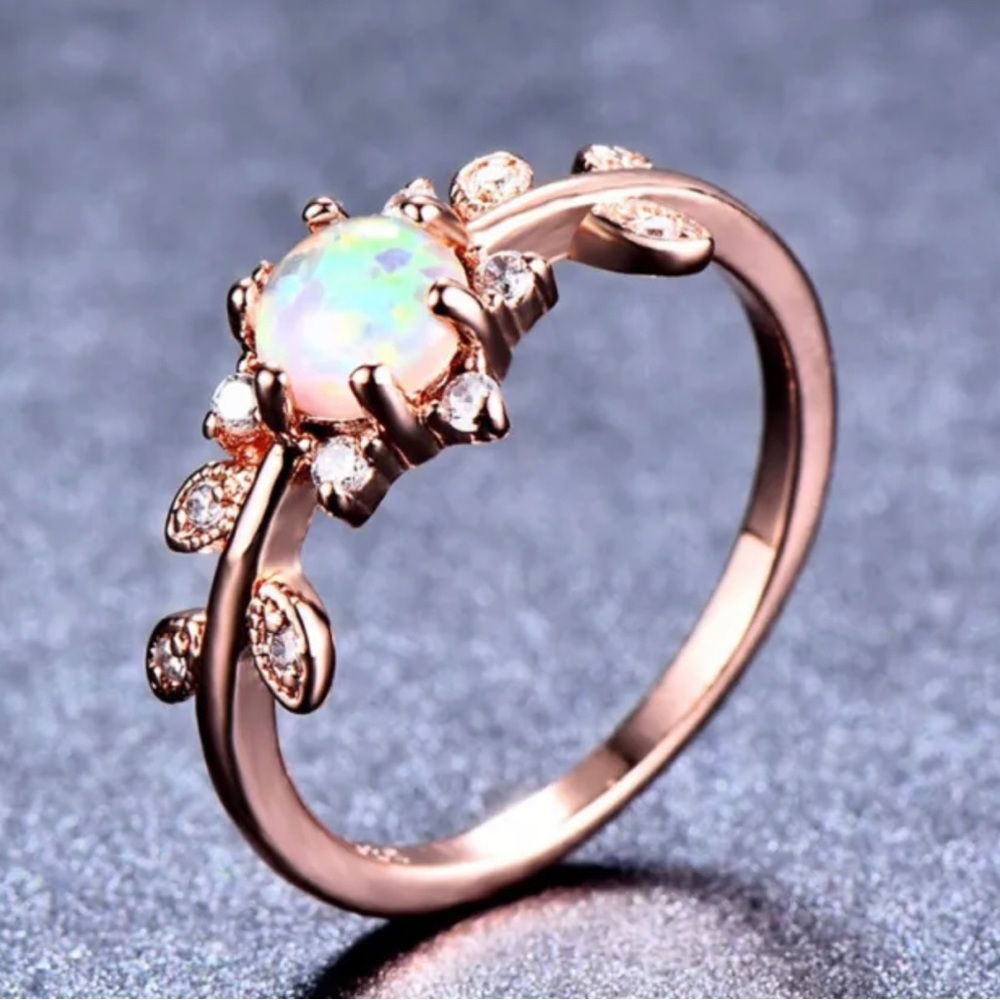 Rose Gold Oval Cut White Simulated Opal Ring
